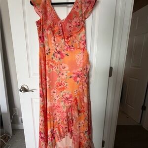 London Times Coral-Peach Floral Ruffle Maxi Dress